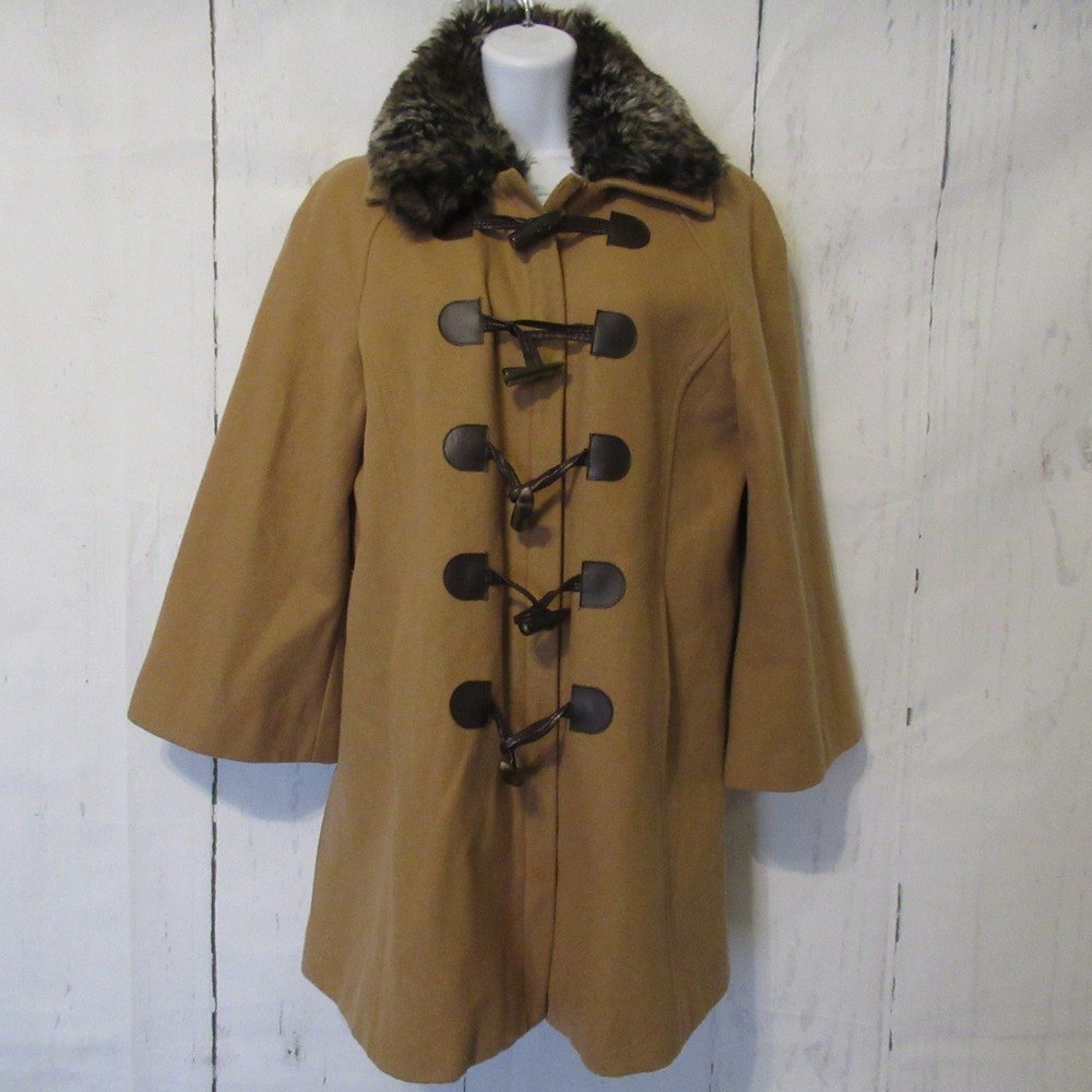 Anthropologie Elevenses Coat 10 Camel Brown Toggle Wool Blend Faux Fur Collar